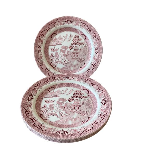 Queen's England WILLOW ROSA Porcelain Dinner Plates 10in Red White Set of 4 New - Picture 14 of 15